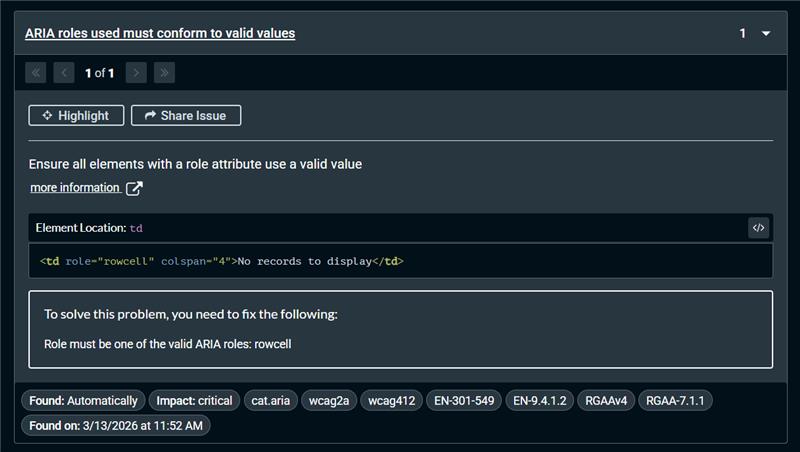 Grid shows accessibility violation error (ARIA roles used must conform ...